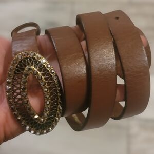 FOSSIL Women's size Large 34-38 slim cognac brown leather belt bling buckle chic